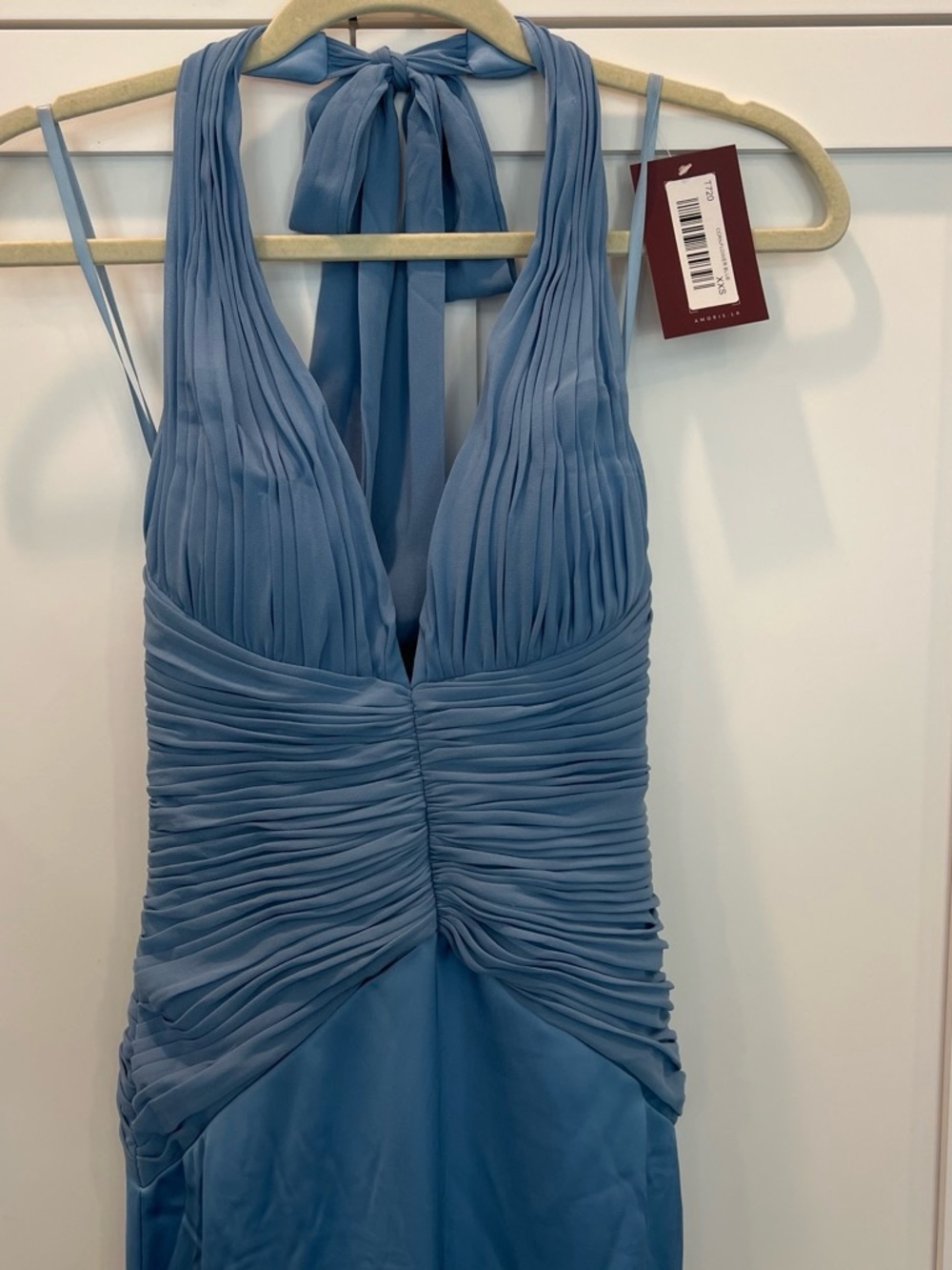 Elegant Blue Ruched Halter Maxi Dress